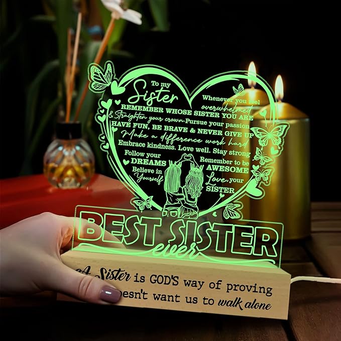 Sister Gifts from Sisters, to My Sister 3D Illusion Lamp, Best Sister Ever Acrylic Night Light, Sister Birthday Gifts from Brothers, Gift for Sister on Wedding Anniversary Christmas Valentine - LeafyLoom