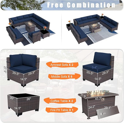 Patio Furniture Set with Fire Pit Table 13 PCS Outdoor Sectional Furniture Outdoor Rattan Patio Conversation Sets with 43in 55,000 BTU Propane Gas Fire Pit Table Glass Table, Navy Blue - LeafyLoom