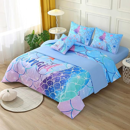 JQinHome Mermaid Comforter Set Full Size, 6 Piece Mermaid Tail Bed in A Bag,3D Colorful Mermaid Bedding Set for Girls Kids, Sparkle Teal Bedroom Decor Bedding Set with Sheets (Blue) - LeafyLoom