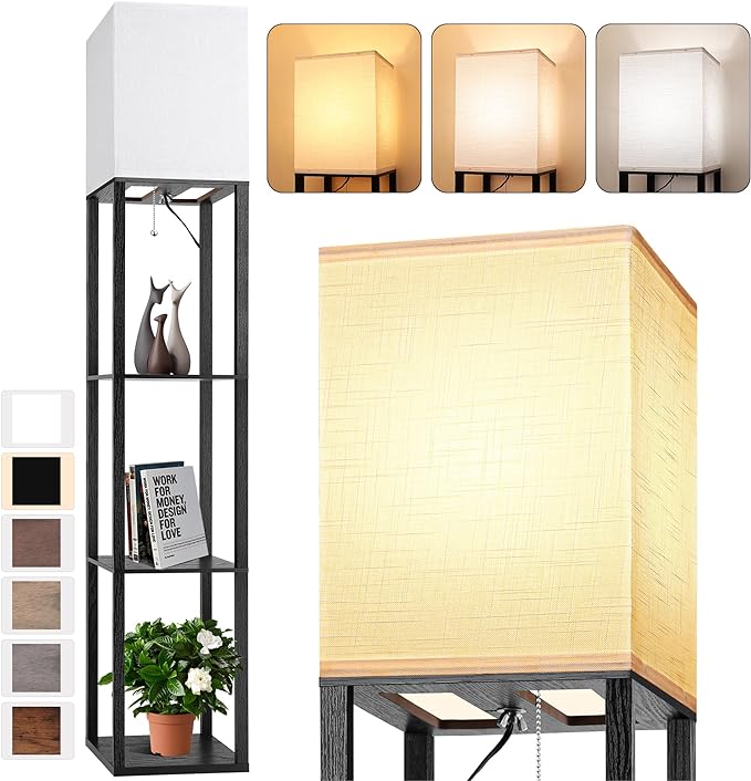 Floor Lamp with Shelves for Living Room, Shelf Floor Lamp with 3 CCT LED Bulb, Corner Display Standing Column Lamp Etagere Organizer Tower Nightstand with White Linen Shade for Bedroom, Office - LeafyLoom