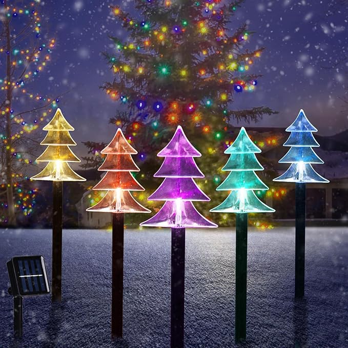 Christmas Solar Pathway Lights, Set of 5 Waterproof Landscape Christmas Lights, Stake Christmas Decorations, LED Lights for Yard Lawn Patio Walkway Decor (5PCS-Multi Colors-Tree) ILLUMINEW