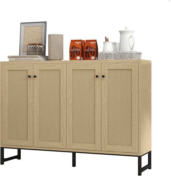 Panana Sideboard Accent Storage Cabinet with Rattan Decorated 4 Doors Dining Room Freestanding Kitchen Buffet Table Cupboard (Natural) - LeafyLoom