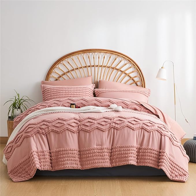 Blush Pink Tufted Comforter Set Queen Size 7 Piece Bed in a Bag, Shabby Chic Boho Comforter and Sheet Set, Pom Pom Textured Bed Set, All Season Soft Microfiber Complete Bedding Set(Pink,Queen) - LeafyLoom