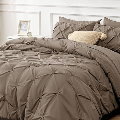 Bedsure Twin XL Comforter Set - Extra Long 5 Pieces Dorm Room Essentials, Pinch Pleat Brown Bed in a Bag with Comforter, Sheets, Pillowcase & Sham, Kids Bedding Set - LeafyLoom