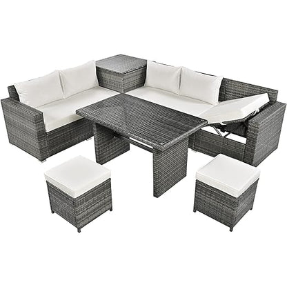 6-Piece Patio Furniture Set, L-Shaped Outdoor PE Wicker Rattan Sectional ConversationSet with Adjustable Seat, Storage Box, Removable Covers and Tempered Glass Top Table, for Backyard - LeafyLoom