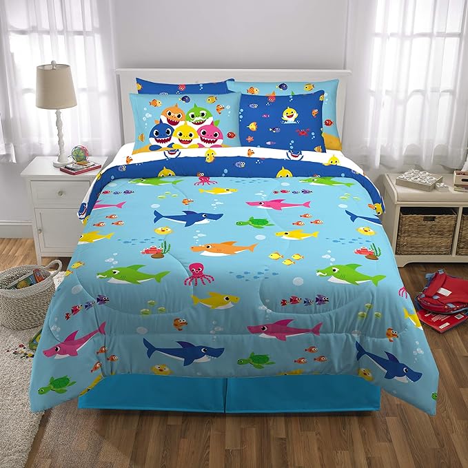 Franco Kids Bedding Super Soft Comforter and Sheet Set with Sham, 7 Piece Full Size, Baby Shark - LeafyLoom