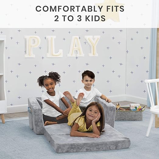 Delta Children MySize 9 Bin Plastic Toy Organizer - Greenguard Gold Certified, Grey & Serta Perfect Extra Wide Convertible Sofa to Lounger, Comfy 2-in-1 Flip Open Couch/Sleeper for Kids, Grey - LeafyLoom