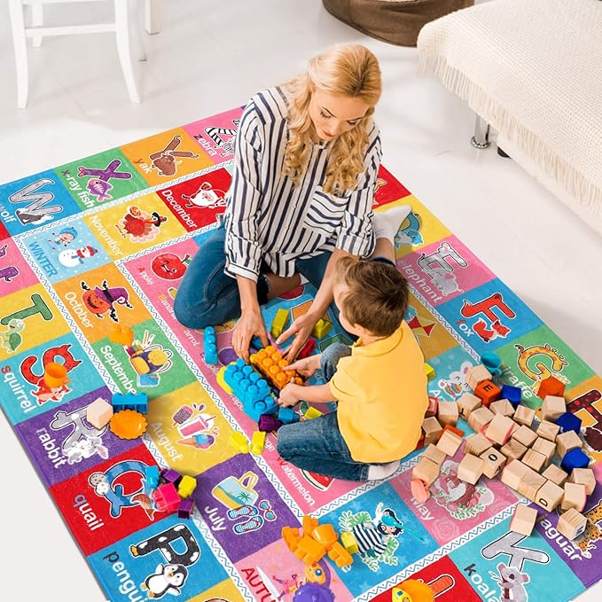 IMIKEYA Play Rugs Playroom Mat with Colorful Pattern, Playtime Collection ABC Alphabet, Seasons, Months, Fruit and Shapes Playmat Educational Rug for Kids Playroom Bedroom, 55 x 43.3 Inch - LeafyLoom