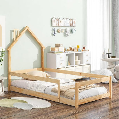 Bellemave Twin Size House-Shaped Headboard Floor Bed with Fence,Wooden Montessori Floor Bed for Kids,House Bed Twin Frame for Girls,Boys (Natural) - LeafyLoom