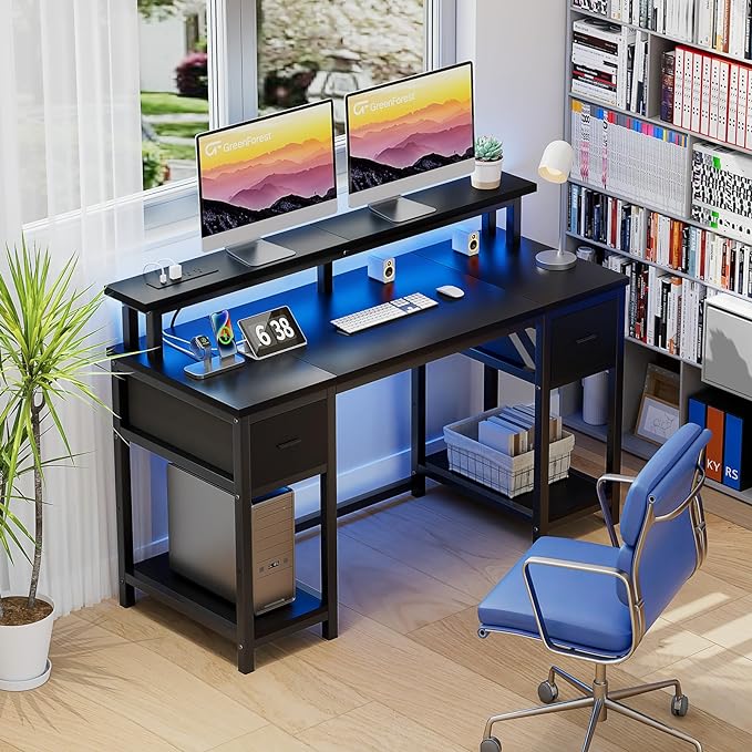 GreenForest Computer Desk with 2 Drawers and Power Outlets,50 Inch Office Desk with 2 Monitor Stands and Fabric File Cabinet, Reversible Gaming table with Led Lights and Shelves, Work Desk, Black - LeafyLoom