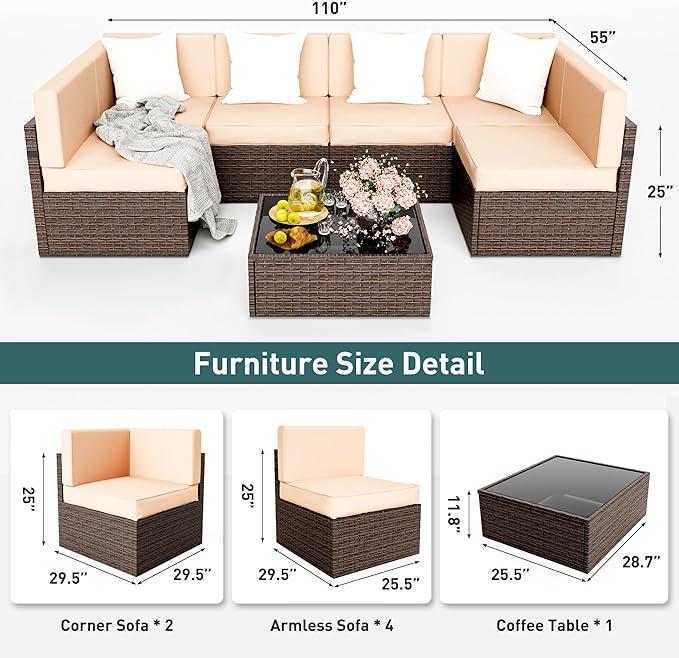 Pamapic Patio Furniture Set, 7 Pieces Modular Outdoor Sectional, Patio Sectional Sofa Conversation Set, Rattan Sofa with Coffee Table and Washable Cushions Covers, Brown Rattan and Beige Cushions - LeafyLoom