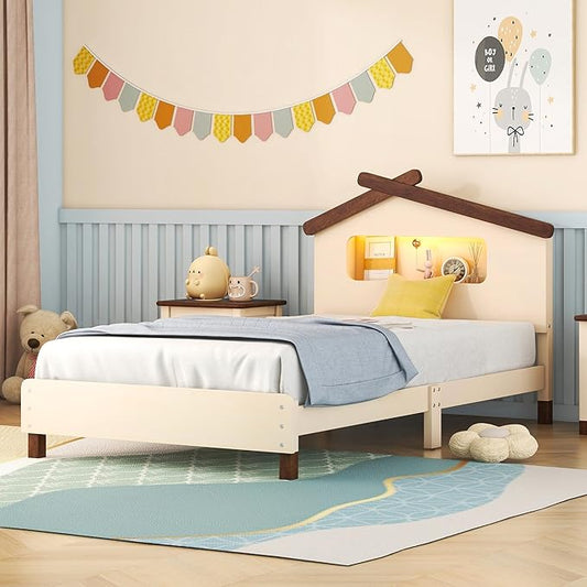 Bellemave Twin Size Platform Bed with House-Shaped Headboard and Motion Activated Night Lights,Wood Twin Kids Bed Frame for Teens, Girls,Boys(Twin,Cream) - LeafyLoom