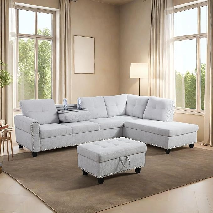 L Shaped Sofa with Ottoman Modern Sectional Living Room, Bedroom, Office, L Couch Grey White - LeafyLoom