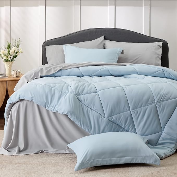 Bedsure Sky Blue Full Size Comforter Set - 7 Pieces Reversible Full Bed in a Bag Full Bed Set with Comforters, Sheets, Pillowcases & Shams, Full Bedding Sets - LeafyLoom