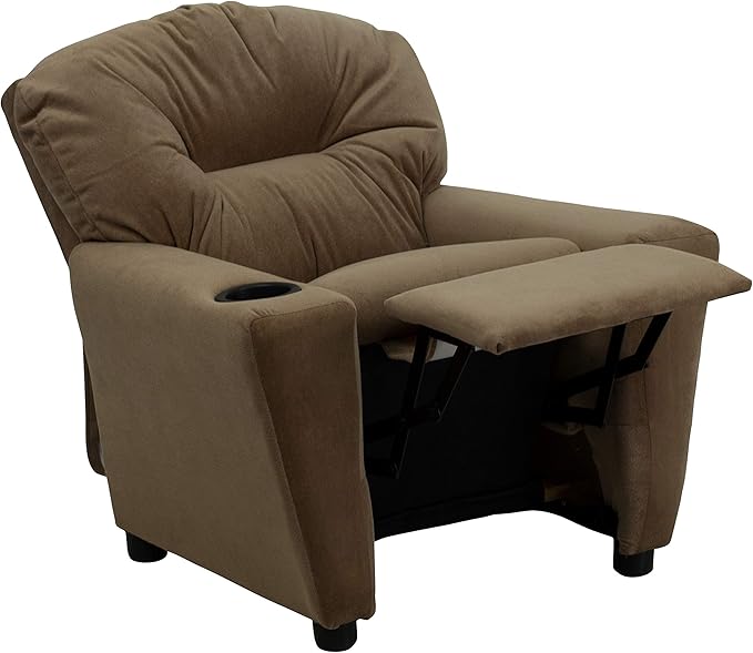 Flash Furniture Chandler Microfiber Kids Recliner with Cup Holder and Safety Recline, Contemporary Reclining Chair for Kids, Supports up to 90 lbs., Brown - LeafyLoom