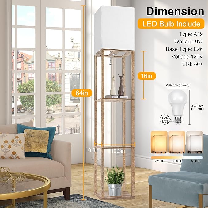 Floor Lamp with Shelves for Living Room Natural Wood, Shelf Floor Lamp with 3 CCT LED Bulb, Corner Display Standing Column Lamp Etagere Organizer Tower Nightstand with White Linen Shade for Bedroom - LeafyLoom