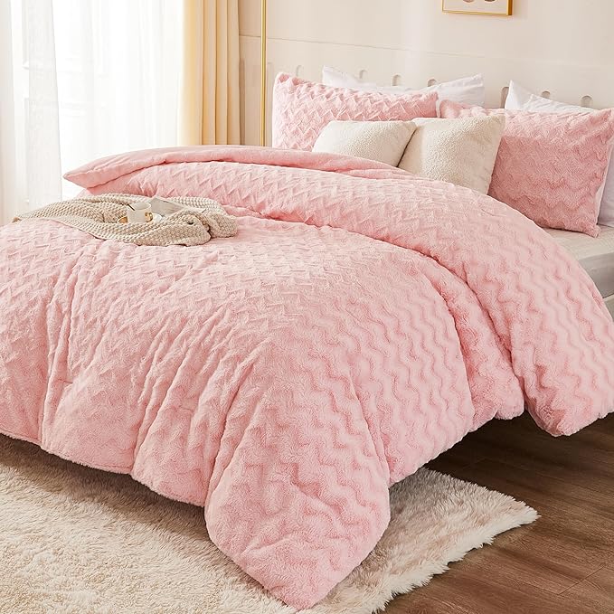 Andency Pink Fleece Comforter Set Queen Size, 3 Pieces Plush Shaggy Faux Fur Bed Comforter Set for Queen Bed, Fuzzy Fluffy Warm Bedding Set for Women Girls - LeafyLoom