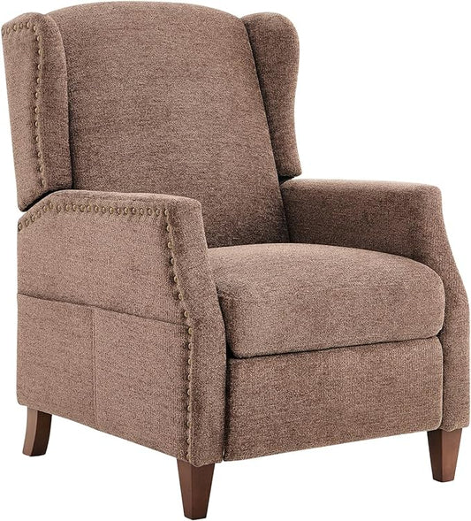 COLAMY Wingback Pushback Recliner Storage Pocket Upholstered Fabric Living Room Chair Armchair, with Wood Legs and Nailhead Trim, Light Brown - LeafyLoom