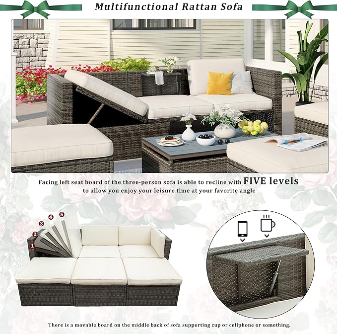 5 Pieces Patio Furniture Sets All Weather Wicker Rattan Sectional Sofa Outdoor Conversation with Adustable Backrest, Cushions, Ottomans and Lift Top Coffee Table for Poolside, Garden, Backyard - LeafyLoom