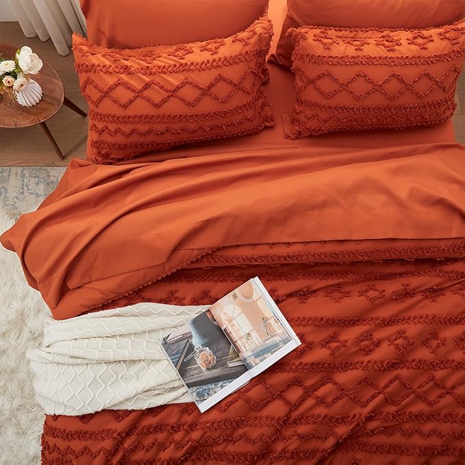 Anluoer Queen Comforter Set 7 Pieces, Burnt Orange Tufted Bed in a Bag with comforters and sheets, All Season Bedding Sets with 1 Comforter, 2 PillowShams, 2 Pillowcases, 1 Flat Sheet, 1 Fitted Sheet - LeafyLoom