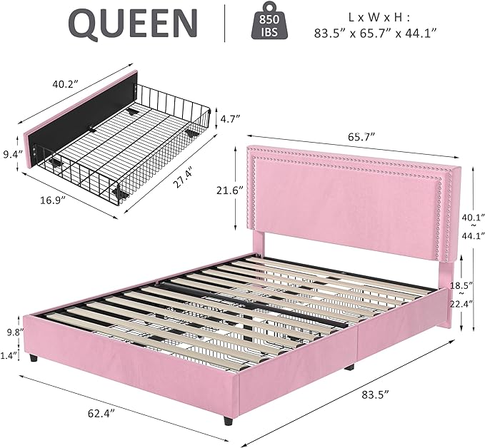 VECELO Queen Size Upholstered Platform Bed Frame with 4 Storage Drawers, Adjustable Velvet Rivets Headboard, Wooden Slats Support, No Box Spring Needed, Easy Assembly - LeafyLoom