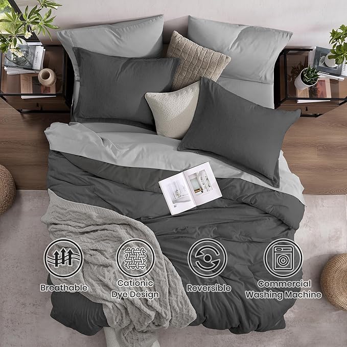 Monbix King Size Comforter Set, Dark Grey King Size Bed Set Reversible, King Size Comforter Set 7 Pieces, Cationic Dyeing Bed in a Bag with Comforter, Sheets, Pillowcases & Shams - LeafyLoom