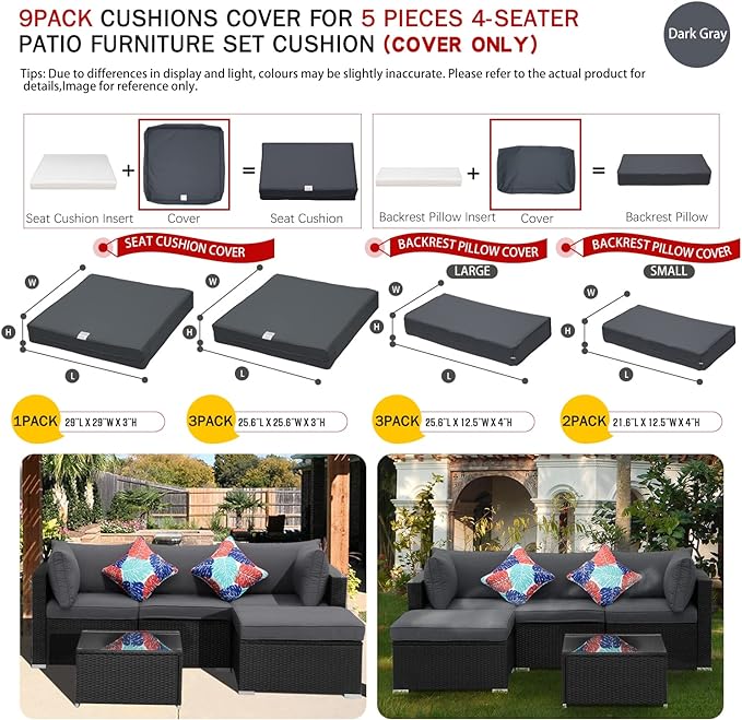 ClawsCover 9Pack Outdoor Seat and Back Cushions Replacement Covers Fit for 5 Pieces 4-Seater Wicker Rattan Patio Conversation Set Sectional Couch Furniture,Dark Gray-Include Covers Only (Large) - LeafyLoom