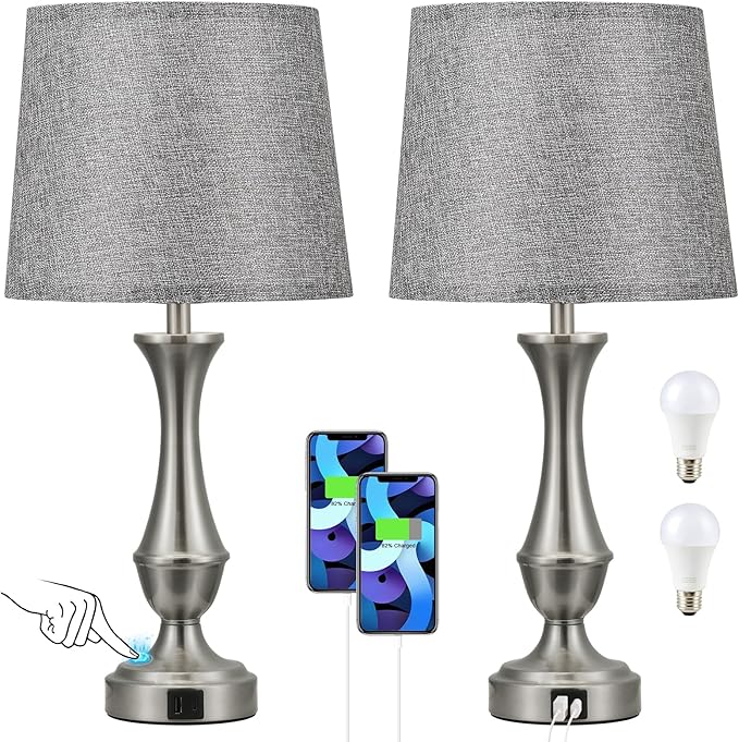 Touch Lamps for Bedrooms Set of 2 - Nightstand Table Lamp with USB C+A, 3 Way Dimmable Bedside Lamps for Living Room End Tables Set of 2, Farmhouse Night Stand Lamps(Grey&Nickel) - LeafyLoom