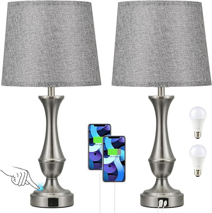 Touch Lamps for Bedrooms Set of 2 - Nightstand Table Lamp with USB C+A, 3 Way Dimmable Bedside Lamps for Living Room End Tables Set of 2, Farmhouse Night Stand Lamps(Grey&Nickel) - LeafyLoom