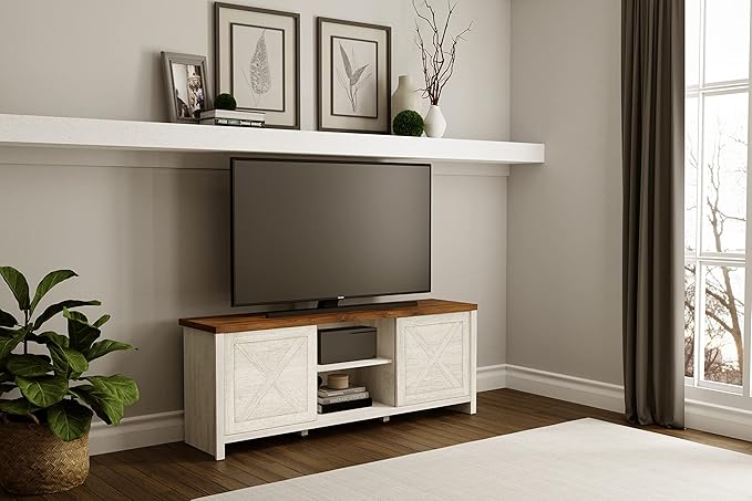 Hillsdale Columbus Wood Entertainment Console, 64 Inch, White Oak with Walnut Top - LeafyLoom