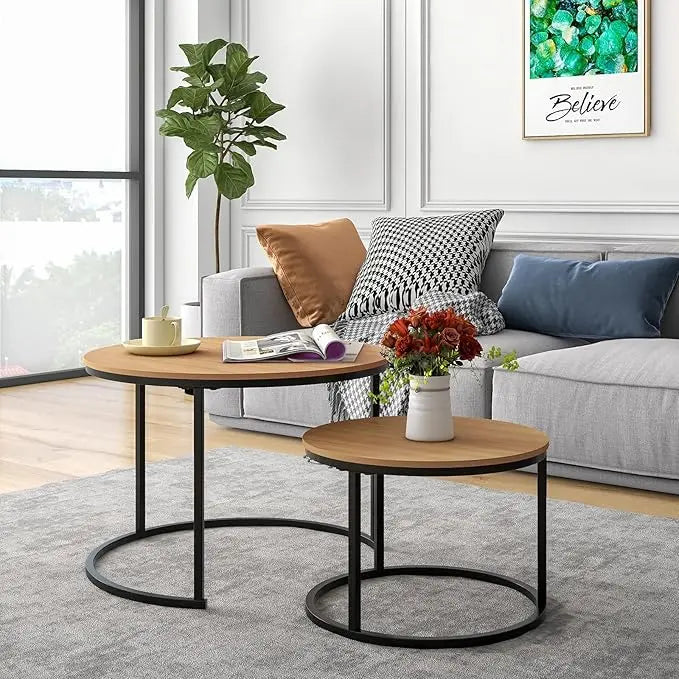 Industrial Round Coffee Table Set of 2 End Table for Living Room,Stacking Side Tables, Sturdy and Easy Assembly,Wood Look Accent Furniture with Metal Frame,Black+Teak OAKDK - LeafyLoom