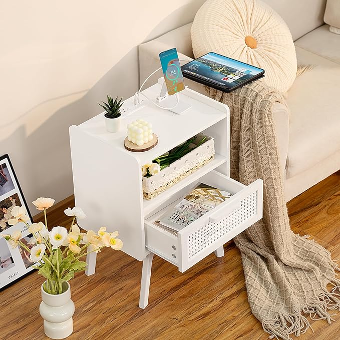 Lerliuo Rattan Nightstand with Charging Station, Side Table with Drawer Open Shelf, Cane Accent Bedside End Table with Solid Wood Legs, Night Stand for Bedroom, Dorm and Small Spaces (White) - LeafyLoom