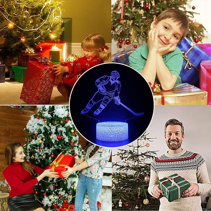 Teenager christmas gifts xmas gift 3D Illusion Hockey Night Light Lamp 16 Color Change Touch White Crack Base with Remote Control Birthday Gift for Boys and Girls Hockey lover - LeafyLoom