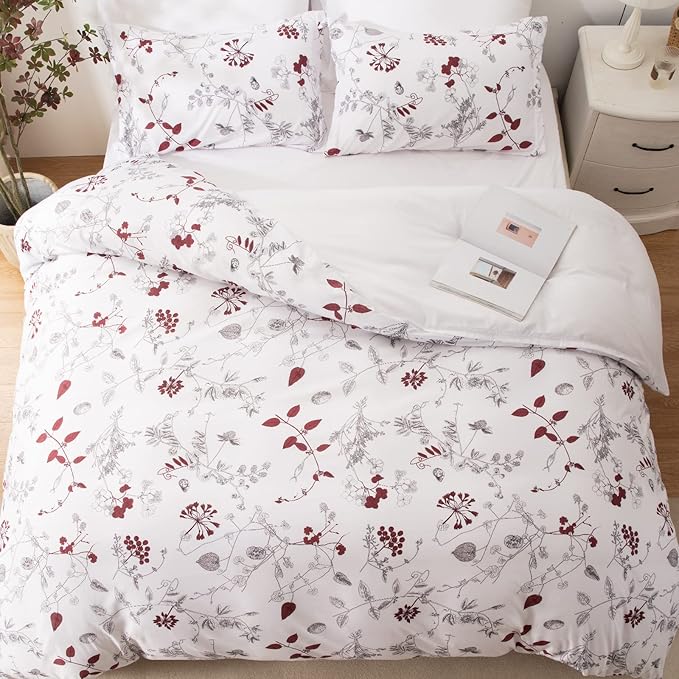 EMME Queen Comforter Set - Red Floral Bedding Set 7 PCS with Flowers Leaves Pattern, Soft Plant Printed Botanical Bed Set with Sheets, Fluffy Bed Bag for All Season(90"X90") - LeafyLoom