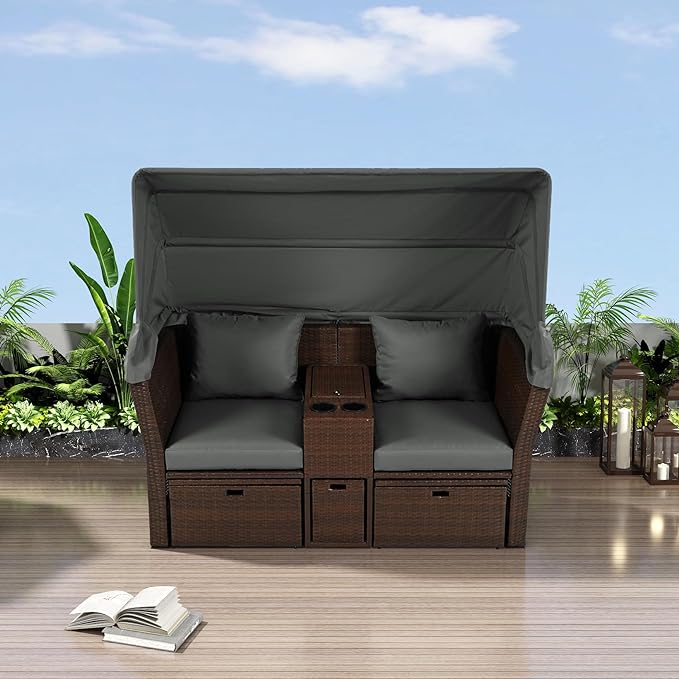 2-Seater Outdoor Patio Convertible Sunbed, All Weather Rattan Double Daybed Couch Foldable Awning, Cushions and Storage Boxes, Loveseat Sofa Set for Garden, Poolside, Balcony, Ab-Aa-Grey - LeafyLoom