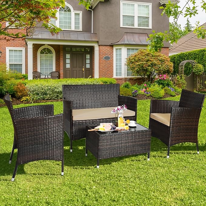 Goplus 4-Piece Rattan Patio Set, Outdoor/Indoor Wicker Conversation Set for Pool, Backyard, Lawn, Wicker Chairs and Sofa with Soft Cushion, Rattan Furniture with Tempered Glass Coffee Table - LeafyLoom