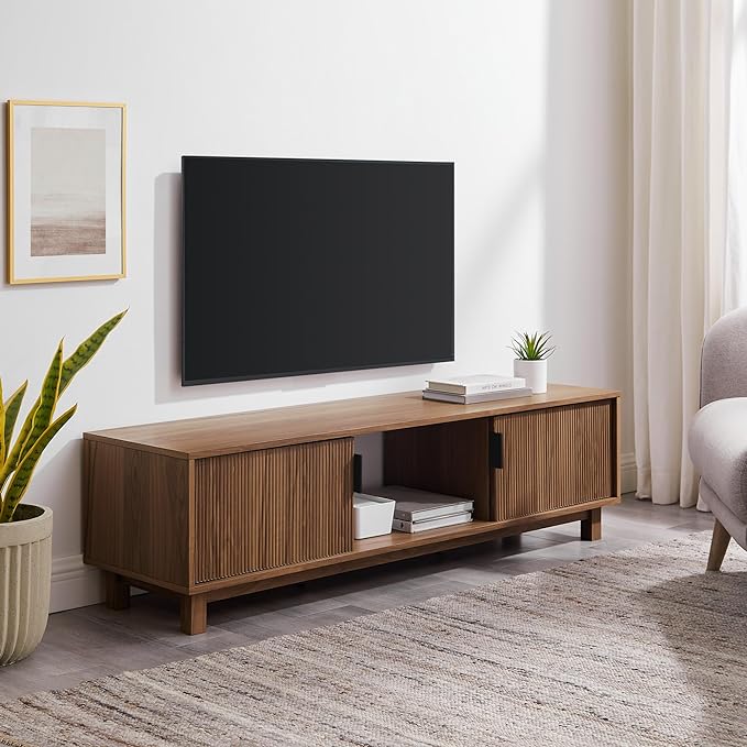 Walker Edison Walton Modern Fluted-Door Low Stand for TVs up to 65 Inches, 58 Inch, Mocha - LeafyLoom