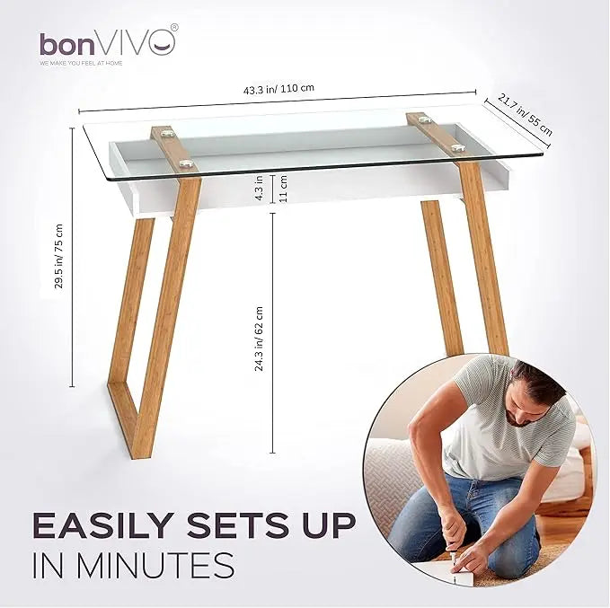 bonVIVO Massimo Small Desk - 43 Inch, Modern Computer Desk for Small Spaces, Living Room, Office and Bedroom - Study Table w/Glass Top and Shelf Space - White - LeafyLoom