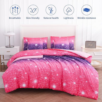 Full Size Bedding Sets Kids Bedding Sets for Girls,Galaxy Bedding 7pieces Glitter Pink Comforter Colorful Comforter Full Size Comforter Sets for Teen Girls(Purple) - LeafyLoom