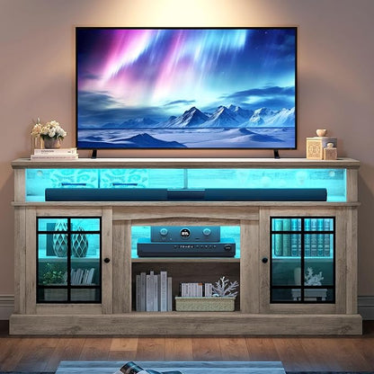 YITAHOME Modern TV Stand for 75 Inch TV with LED Lights, 32'' Tall Mid Century Modern TV Cabinet w/Adjustable Shelves & Glass Doors, Entertainment Center Media Console Table for Living Room, Grey Wash - LeafyLoom