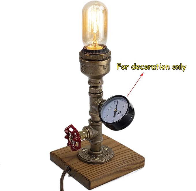 Steampunk Lamp with Dimmer, Dimmable Loft Style Industrial Vintage Antique Style Light with Bulb, Wood Base with Iron Piping Desk Lamp, Retro Desk Lamp LL-025 - LeafyLoom