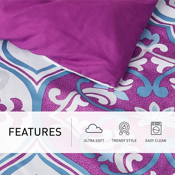 Degrees of Comfort Purple Comforter Set,Queen Boho Bedding Sets with Sheets,Bohemian Microfibe Bed in A Bag with Side Pockets, Matching Decorative Pillow, 8 Piece - LeafyLoom