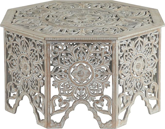 Deco 79 Wooden Floral Handmade Living Room Coffee Table Intricately Carved Table with Hollow Interior, Center Table 33" x 33" x 18", Light Gray - LeafyLoom