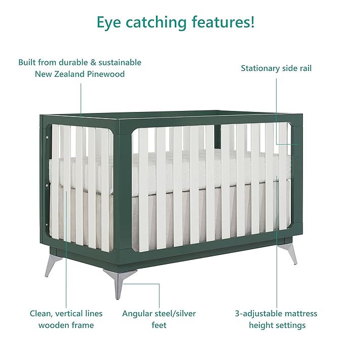 Sweetpea Baby Ultra Modern 4-in-1 Convertible Crib in Green in Olive, Greenguard Gold Certified , 58.5x30x47 Inch (Pack of 1) - LeafyLoom