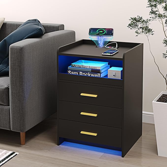 RGB Nightstand-Bedside-End-Table with USB &Wireless Charging Station: Smart Nightstand for Sofa Table with Human-Body Inductions, Modern Bedroom Furniture with Drawers for Living Room, Black - LeafyLoom