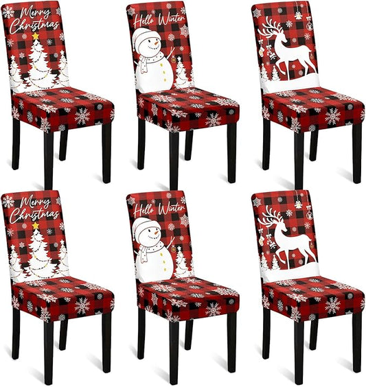 U'Artlines Christmas Chair Covers Set of 6, Removable Washable Merry Christmas Dining Chair Seat Covers Stretch Protector Slipcovers for Dining Room Kitchen Holiday Party Decor, Red Buffalo Plaid UArtlines