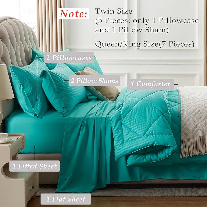 NexHome Turquoise King Bed in a Bag 7-Pieces Comforter Sets with Comforter and Sheets Soft All Season Bedding Sets with Comforter, Pillow Shams, Flat Sheet, Fitted Sheet and Pillowcases - LeafyLoom