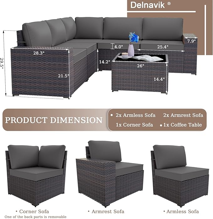 Patio Furniture Set Sofa 6-Piece Wicker PE Rattan Sectional Sofa Set, Outdoor Furniture Patio Conversation Set with Glass Coffee Table, Grey - LeafyLoom