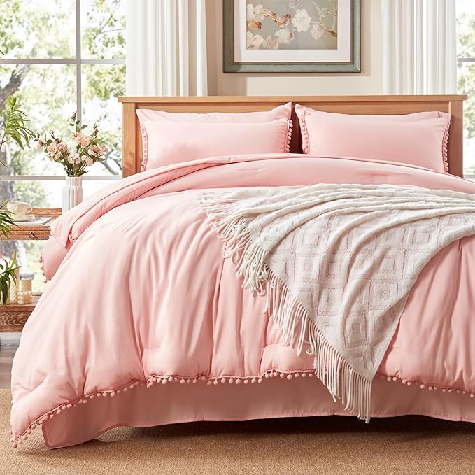 Anluoer Queen Comforter Set 7 Piece, Pink Bed in a Bag with Sheets, Pom Pom Boho Bedding Comforter Sets with 1 Comforter, 2 Pillow Shams, 2 Pillowcases, 1 Flat Sheet, 1 Fitted Sheet - LeafyLoom