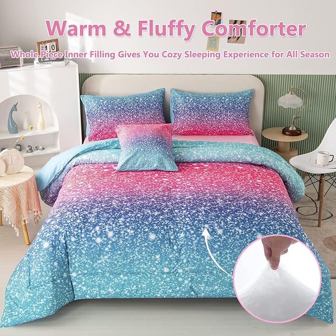 PERFEMET 6Pcs Pink Full Size Comforter Sets for Girls Colorful Rainbow Glitter Kids Bedding Set Sparkly Pastel Ombre Teen Girl Bed in A Bag Comforter Set with Sheets (Pink Blue, Full) - LeafyLoom